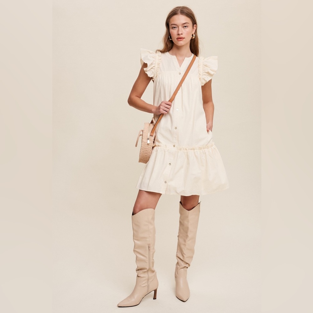 Ruffle Sleeve Button-Front Mini Dress in Cream